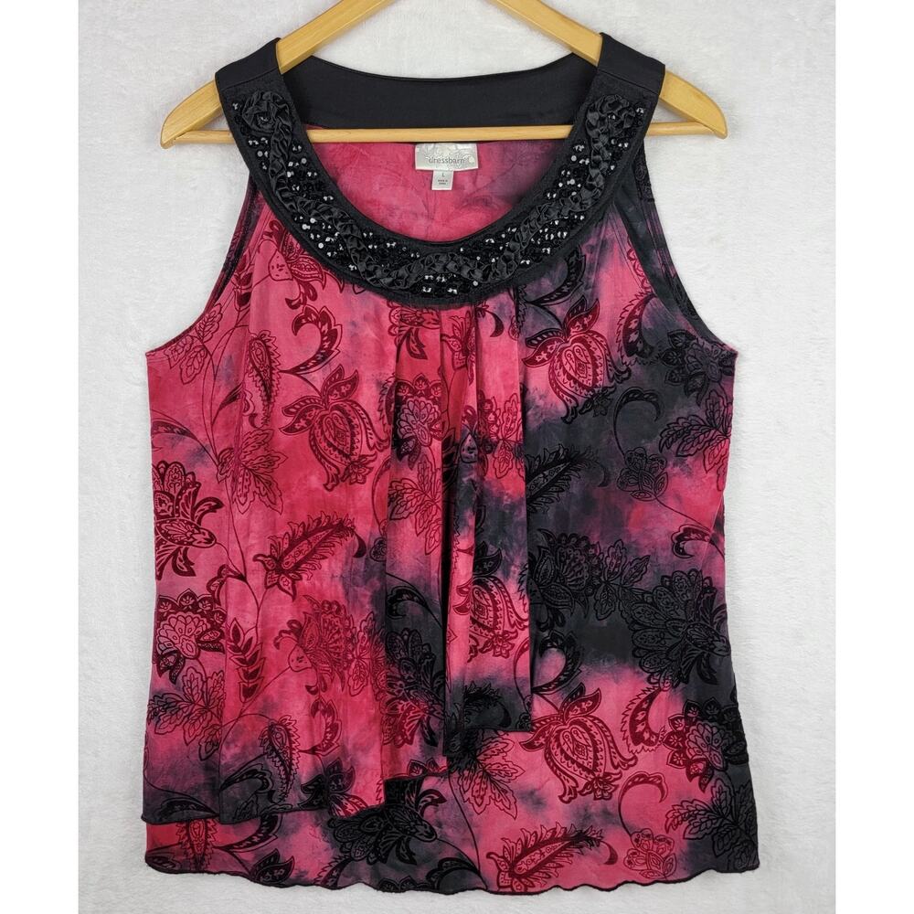 Whimsigoth L Knit Tank Top Beaded Neck Asymmetric Red Black Velvet Floral Cami